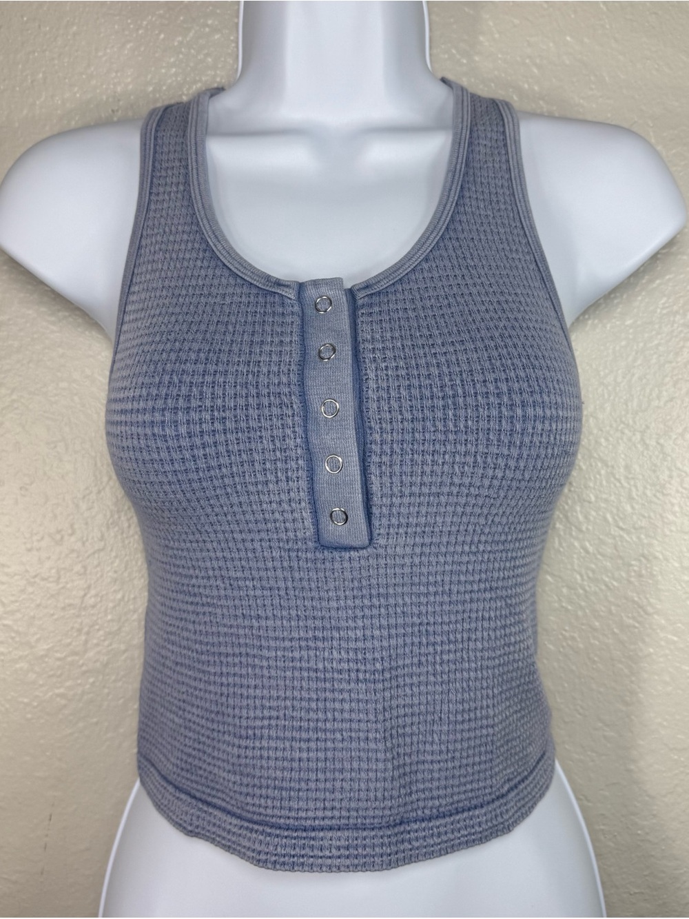 Gypsy & Jade Womens XS/S blue Waffle Knit Tank Top Racerback Henley Snap Front